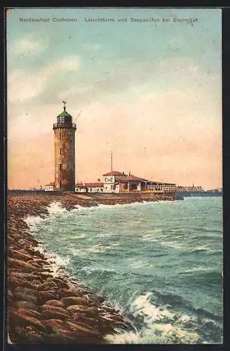 AK Cuxhaven, Leuchtturm und Seepavillon bei Sturmflut