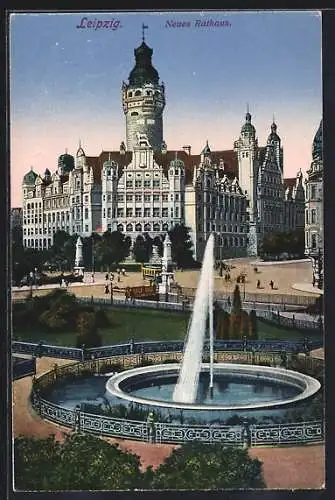 AK Leipzig, Neues Rathaus und Park mit Brunnen