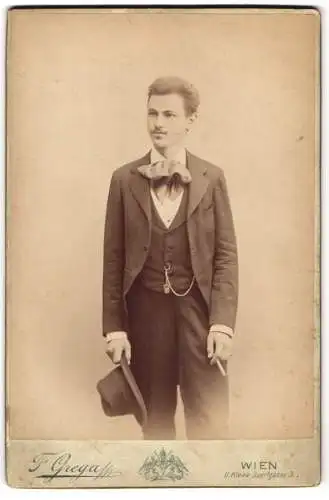 Fotografie F. Grega, Wien, II. Kleine Sperlgasse 3, Eleganter junger Mann mit Hut und Zigarette