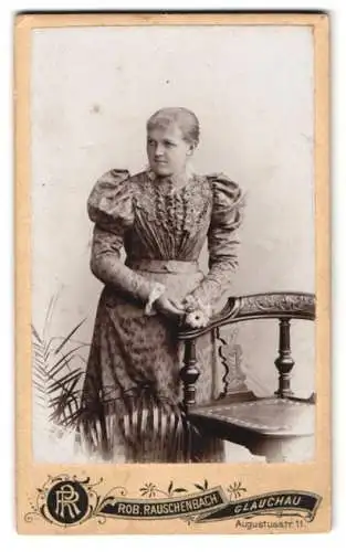 Fotografie Rob. Rauschenbach, Glauchau, Augustussstr. 11, Porträt einer Dame in gemustertem Kleid