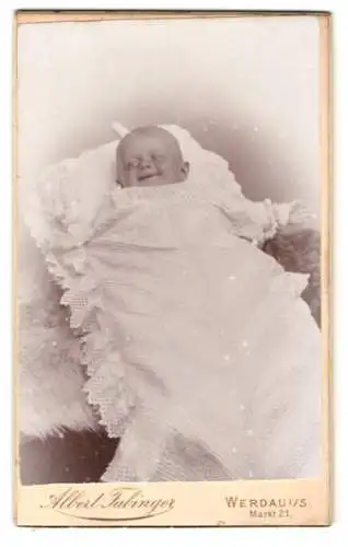 Fotografie Albert Fabinger, Werdau i. S., Markt 21, Lächelndes Baby in feiner Decke