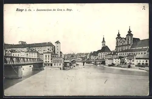 AK Steyr /O. Oe., Zusammenfluss der Enns und Steyr