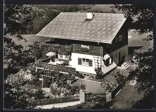 AK Gaschurn /Montafon, Hotel Haus Brändle, Das Haus vom Wald aus gesehen