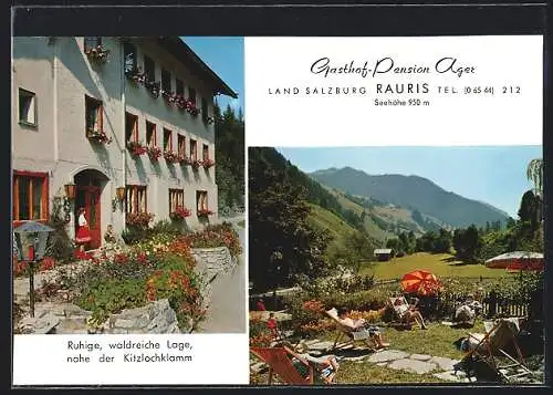 AK Rauris /Land Salzburg, Gasthof-Pension Ager, Eingang und sonnige Liegewiese