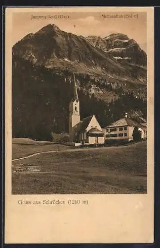 AK Schröcken, Kirche vor der Juppenspitze und Mohnenfluh