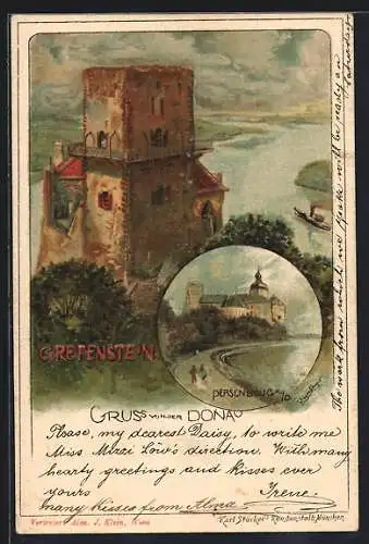 Lithographie Greifenstein /Donau, Burg Greifenstein, Persenbeug