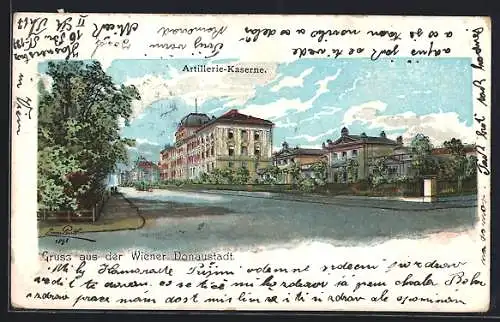 Lithographie Wien, Donaustadt, Blick auf die Artillerie-Kaserne