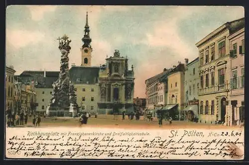 AK St. Pölten, Rathhausplatz mit Franziskanerkirche und Dreifaltigkeitssäule