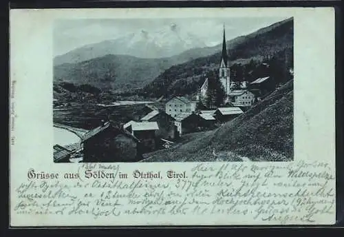 Mondschein-AK Sölden im Ötzthal, Ortsansicht mit den Bergen dahinter