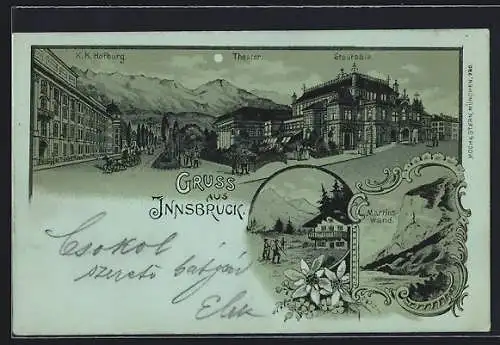 Mondschein-Lithographie Innsbruck, K. k. Hofburg, Theater, Stadtsäle, Martinswand