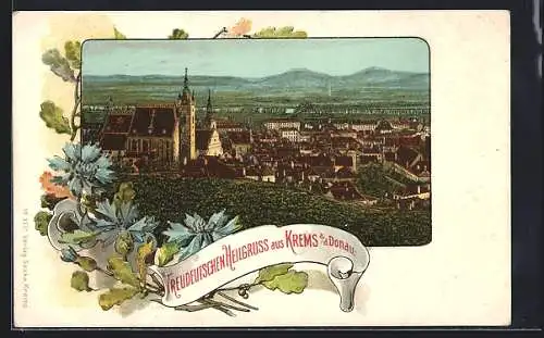 Lithographie Krems a. d. Donau, Gesamtansicht vom Berg aus, florales Passepartout