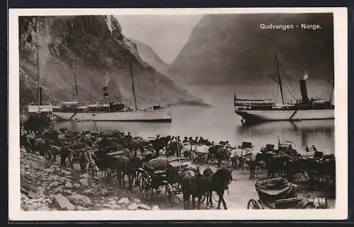 AK Gudvangen, Partie am Strand, Dampfer, Kutschen