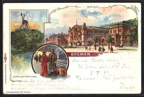 Lithographie Bremen, Partie am Bahnhof & Mühle in den Wallanlagen