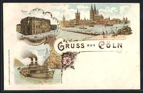 Lithographie Köln, Panorama mit dem Dom, Theater, Dampfer unterwegs