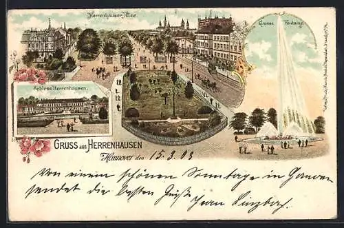 Lithographie Hannover, Blick auf Schloss Herrenhausen und Herrenhäuser Allee