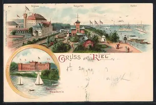 Lithographie Kiel, Marina-Akademie, Teilansicht mit Schloss, Seegarten und Hafen