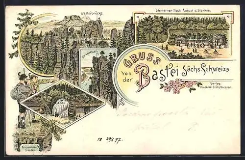 Lithographie Bastei, Basteibrücke, Steinerner Tisch August d. Starken, Amselfall, Basteifelsen