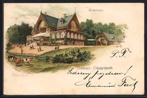 Lithographie Bremen, Ansicht vom Meierei-Bürgerpark