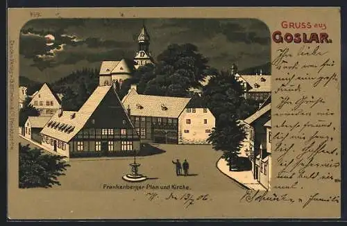 Lithographie Goslar, Frankenberger Plan und Kirche bei Vollmond