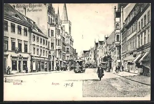 AK Erfurt, Anger, Strassenpartie mit Strassenbahn und Kirche