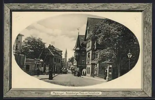 AK Meiningen, Henneberger Haus und Georgstrasse, Schranke, Kirche, mit Rahmen