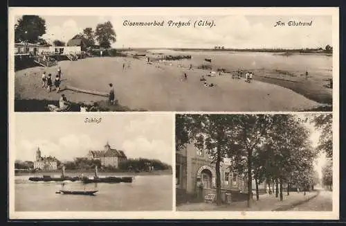 AK Pretzsch /Elbe, Eisen-Moorbad, Elbstrand, Schloss mit Frachtschiffen