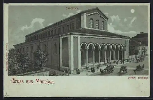 Mondschein-Lithographie München, Basilika mit Strasse