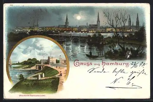 Lithographie Hamburg-Uhlenhorst, Panorama, Feenteichbrücke