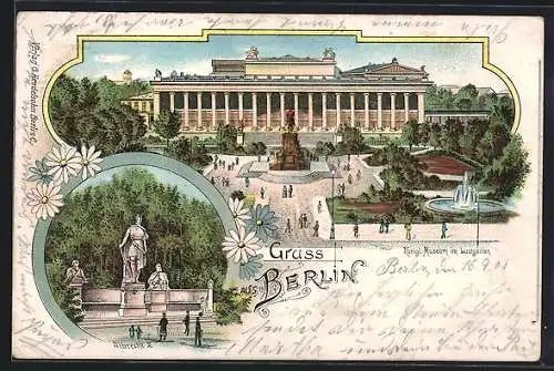 Lithographie Berlin, Königliches Museum im Lustgarten, Denkmal von Albrecht II.