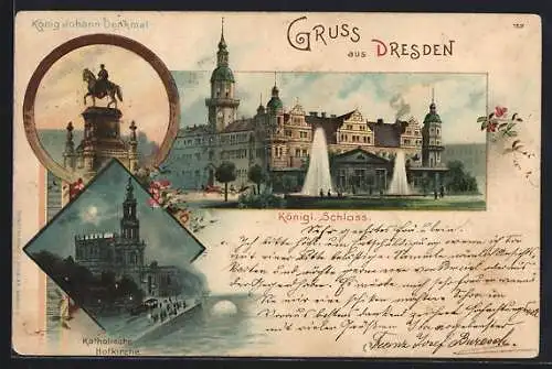 Lithographie Dresden, Kgl. Schloss, Kath. Hofkirche, König Johann Denkmal