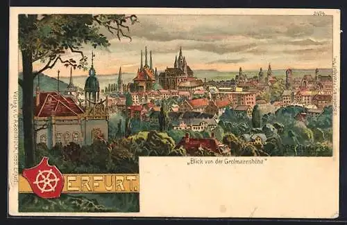 Lithographie Erfurt, Blick von der Grolmannshöhe auf den Ort