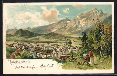 Künstler-AK Karl Heinisch: Bad Reichenhall, Panorama mit Ort und Bergen