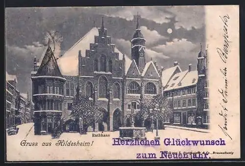 AK Hildesheim, Rathaus im Schnee, Neujahrs-Gruss