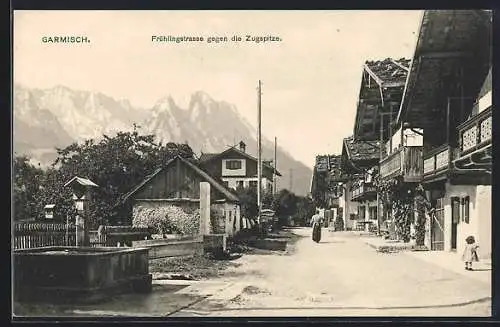 AK Garmisch, Frühlingstrasse gegen die Zugspitze