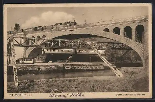 AK Elberfeld, Schwebe-, Eisen- und Strassenbahn an der Sonnborner Brücke