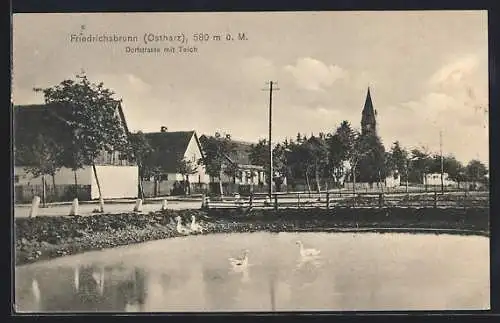 AK Friedrichsbrunn /Ostharz, Dorfstrasse mit Teich