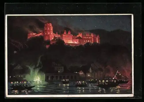 Künstler-AK Heidelberg, Schloss bei Nacht beleuchtet