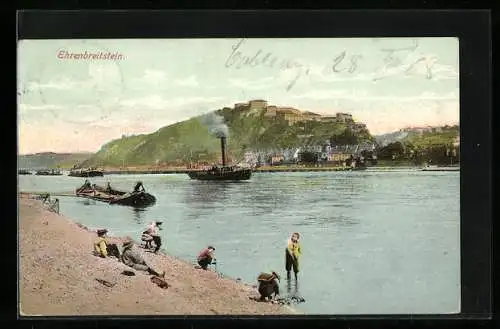 AK Ehrenbreitstein, Blick übers Wasser zur Burg