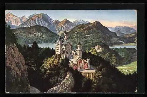 AK Schloss Neuschwanstein, Schlossansicht mit Blick auf Hohenschwangau