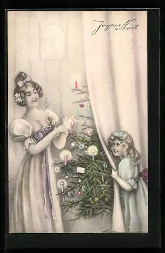 Künstler-AK V.K., Vienne Nr. 5007 /b: Zwei Mädchen schmücken einen Christbaum