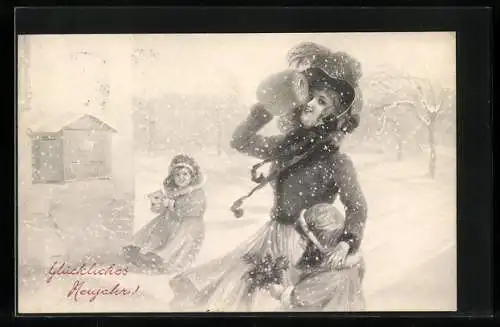 Künstler-AK V.K., Vienne Nr. 5001 /a: Mutter geht mit den Kindern im Schneegestöber zum Briefkasten, Joyeux Noel!