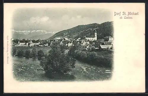 AK St. Michael ob Leoben, Ortsansicht mit einer Kirche gegen die Alpen