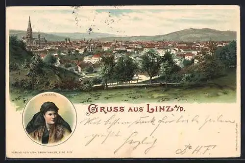 Lithographie Linz a. D., Ortspartie mit Kirche