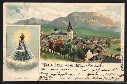 Lithographie Maria Zell, Gnadenmutter, Ortsansicht aus der Vogelschau