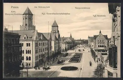 AK Posen, Kais. Oberpostdirektion, Tiergartenstrasse und Kgl. Akademie