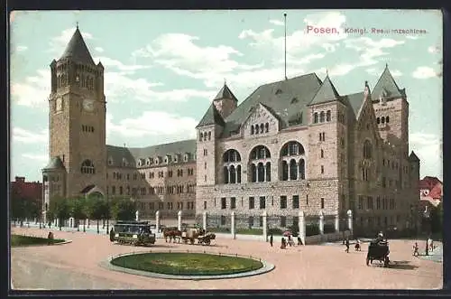 AK Posen, königl. Residenzschloss mit Strassenbahn und Pferdekutsche