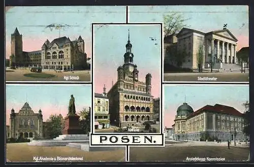 AK Posen / Poznan, Kgl. Schloss, Ansiedlungs-Kommission, Stadttheater