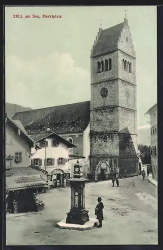 AK Zell am See, Marktplatz mit Wettersäule und Kirche