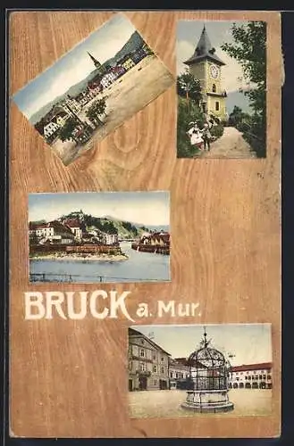 AK Bruck a. Mur, Platz mit Kirche, Partie am Wasser, Uhrturm