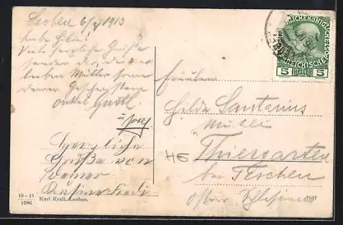 AK Loeben, Kaiser Franz Josefsstrasse, Kirche, Kutsche und Automobil